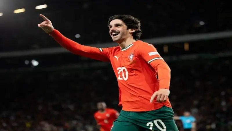 Francisco Trincao của Bồ Đào Nha ăn mừng bàn thắng thứ hai vào lưới Đan Mạch tại UEFA Nations League, ngày 23/03/2025