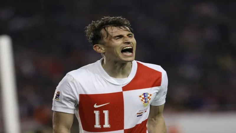 Ante Budimir của Croatia ăn mừng bàn thắng vào lưới Pháp, ngày 20 tháng 3 năm 2025