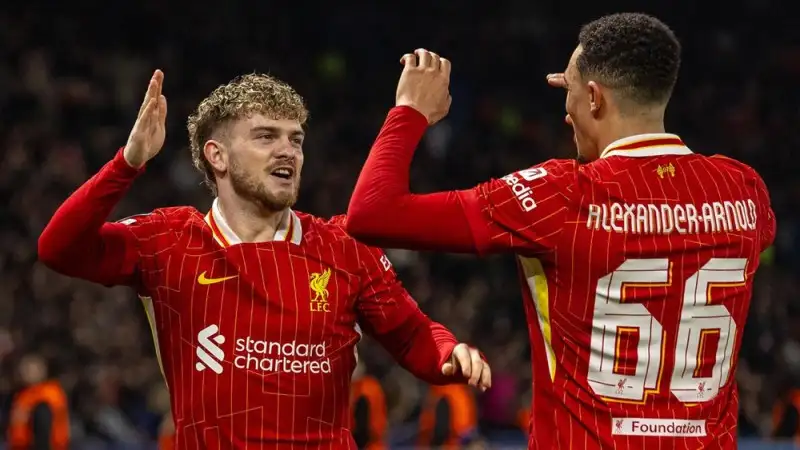 Harvey Elliott ăn mừng bàn thắng vào lưới Paris Saint-Germain, ngày 5/3/2025